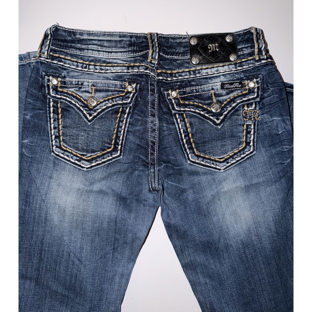 Miss Me Low Rise Boot Cut Jeans Blue Size 27 Stretch Bling Flap Pocket Women's